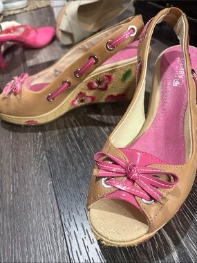 Sperry Pink and Tan Peep-Toe Wedge Sandals